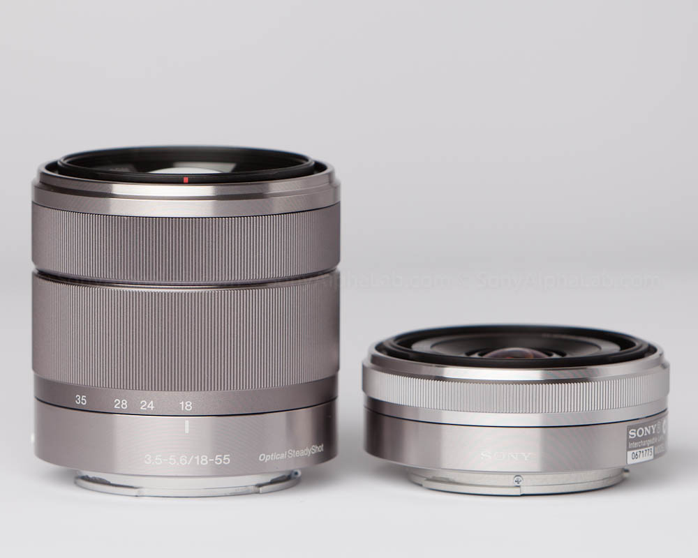 Sony E-Mount 18-55mm f/3.5-5.6 Zoom Lens next to the 16mm f/2.8 Pancake lens