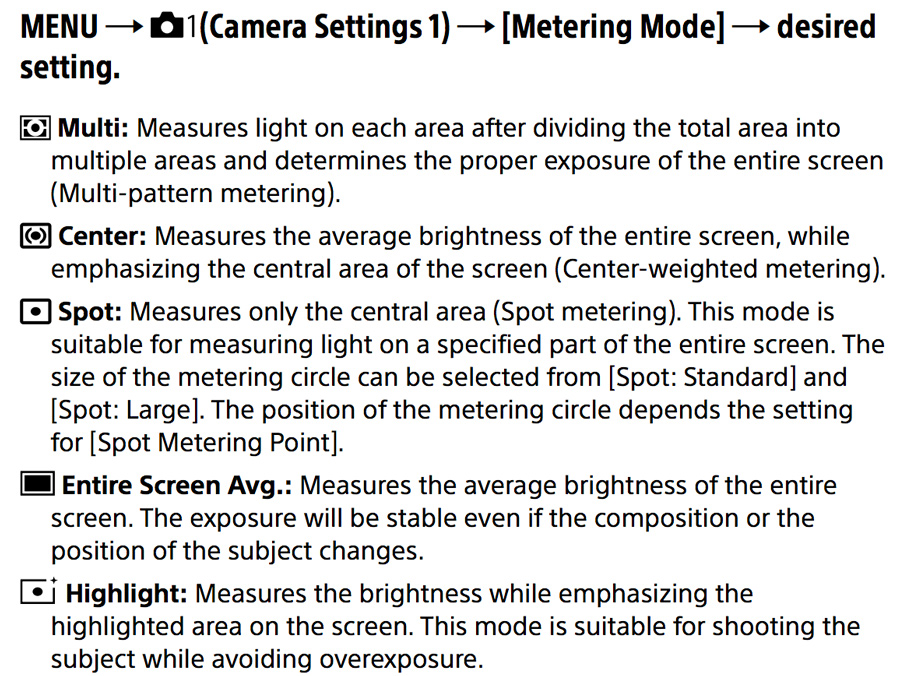 Sony A99 II Metering Modes