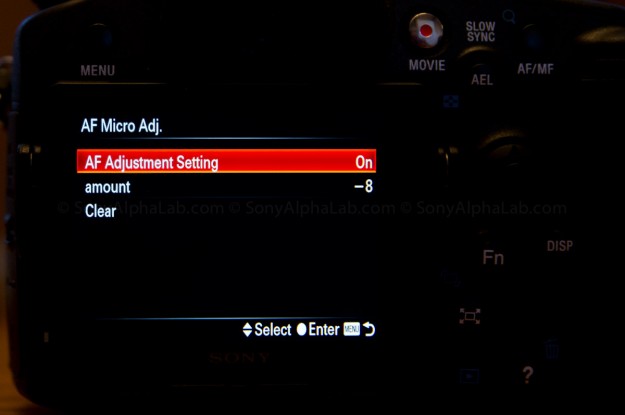 Sony Alpha 77 - Lens Micro Adjsutment Menu