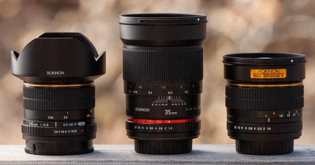 Rokinon A-Mount 14mm, 35mm, and 85mm