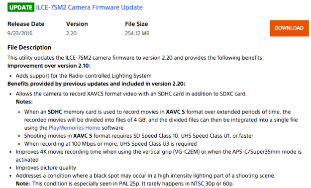 Sony A7s II Firmware Update