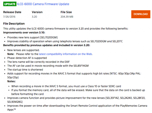 Sony A6000 Firmware Update